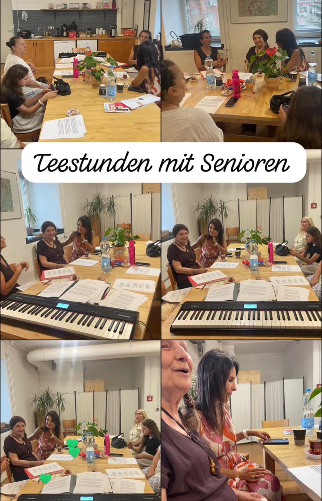Bildcollage einer Teestunde mit Seniorinnen an einem langen Tisch, davor ein Keyboard