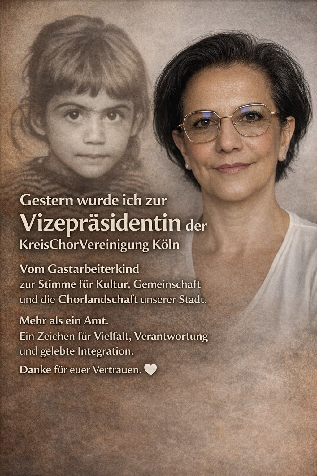 Bilgen Pehlivan neben einem Kinderfoto, mit der Ankündigung ihrer Wahl zur Vizepräsidentin der KreisChorVereinigung Köln